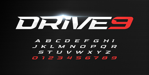 Dynamic letters and numbers set. Drive alphabet, dynamic font, wind type for modern sport logo, motion headline and action lettering. Vector typographic design