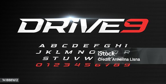 istock Dynamic letters and numbers set. Drive alphabet, dynamic font, wind type for modern sport logo, motion headline and action lettering. Vector typographic design. 1418881612