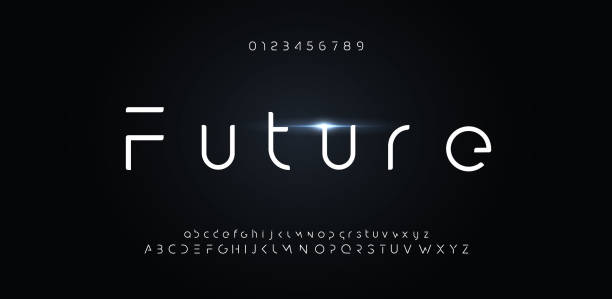 未来的なフォント、現代の技術のロゴのための未来のアルファベット。hud、デジタル空間、ai要素のためのミニマルな文字デザイン。ベクトルロボットタイポグラフィ - lowercase letter点のイラスト素材／クリップアート素材／マンガ素材／アイコン素材