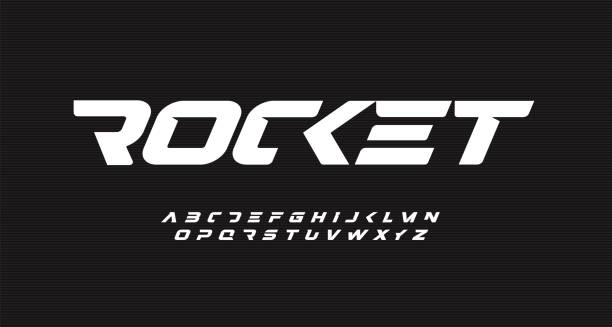 italic bold speed alphabet. rocket futuristic font, minimalist type for modern sport logo and space science logo. fast action style letters set, vector typography design. - daktilo yazısı stock illustrations