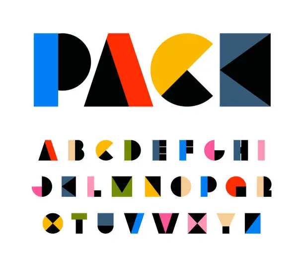 Vector illustration of Rainbow color art alphabet, geometric letters for festival. Shapes primitive carnival font, birthday headline, kids zone and children toys logo.Funny and joy vibrant style type design,vector typeset
