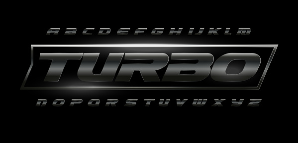 Turbo speed font with dark matte metal texture. Drive dynamic steel letters set, bold italic alphabet. Chrome typeset for automotive industrial, gym, sport. Vector typography.