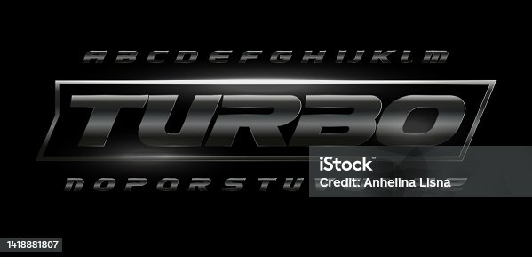 istock Turbo speed font with dark matte metal texture. Drive dynamic steel letters set, bold italic alphabet. Chrome typeset for automotive industrial, gym, sport. Vector typography 1418881807