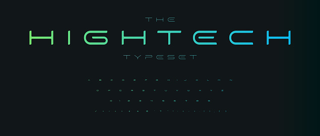 Expanded futuristic font, thin wide alphabet. High tech typeset for headline and logo of hud, ai, data science graphic, sci-fi, science and medical technology, digital interface. Vector typography.