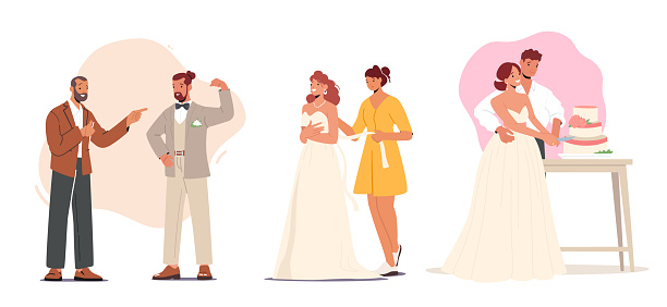 Set Groom and Bride Marriage, Man or Woman Prepare for Wedding Ceremony, Fitting Dress, Posing. Happy Newlyweds Couple Cut Festive Cake. Joyful Characters Celebrate. Cartoon People Vector Illustration
