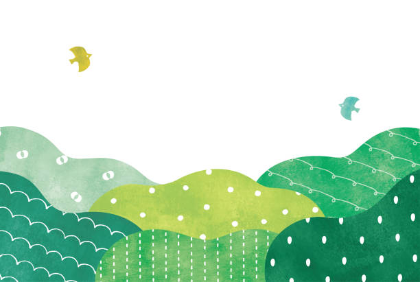 aquarell niedliches muster grüner wald abstrakt und vögel - backgrounds summer design pattern stock-grafiken, -clipart, -cartoons und -symbole