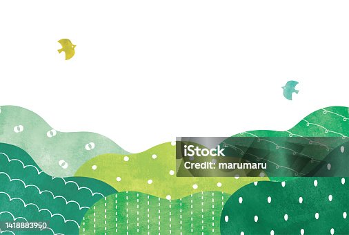 istock Watercolor cute pattern green forest abstract and birds 1418883950