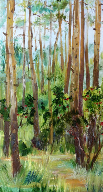 istock summer forest landscape with pine trees, oil painting. 1418884594