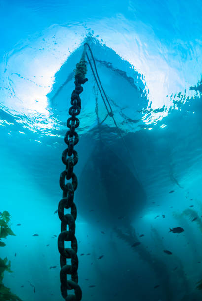 Anchored boat A large pleasure craft is anchored on a shallow reef during a beautiful day. anchor chain stock pictures, royalty-free photos & images