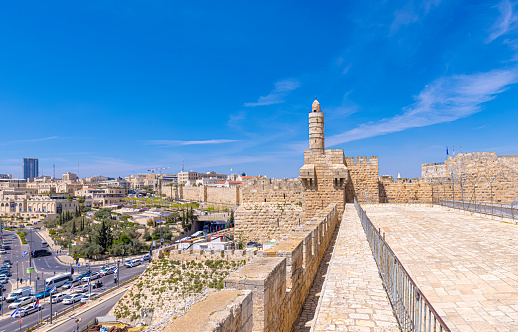 Jerusalem, Israel, scenic ramparts walk over walls of Old City with panoramic skyline views.