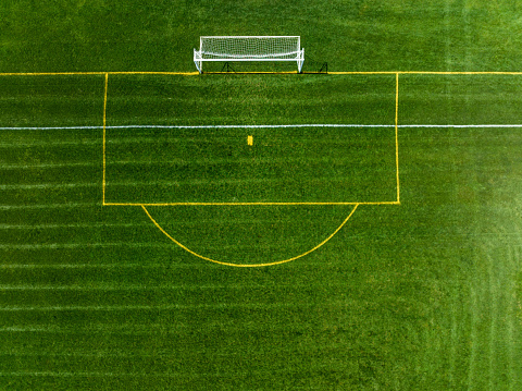 Aerial View of an Empty Green soccer football pitch