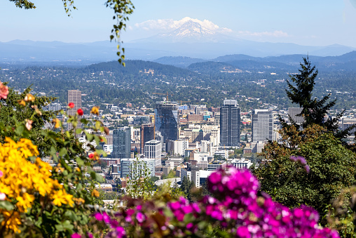 USA, panoramic view of Portland city downtown, Columbia River and national forest park Mount Hood.