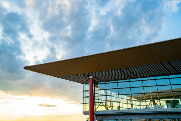 Elegant architectural features with car park in the background at Dubai airport