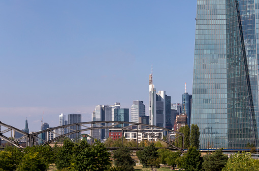 close up view at the financial district of Frankfurt am Main, August 2022, seen from the ECB, European Central Bank