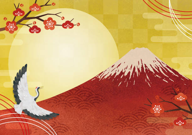 японская красная гора фудзи и сливовые деревья на золотом фоне 3 - twilight fuji mt fuji japan stock illustrations