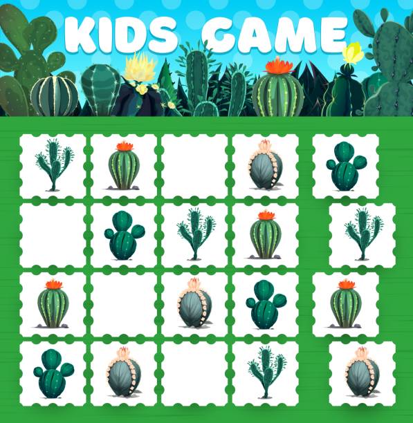 ilustraciones, imágenes clip art, dibujos animados e iconos de stock de cactus y suculentas sudoku hoja de trabajo de juegos para niños - tuna chunks