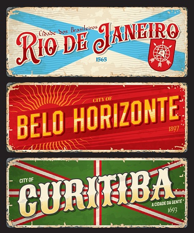 Rio de Janeiro, Belo Horizonte, Curitiba brazilian city travel stickers and plates. Brazil city grunge tin sign or shabby postcard. South America vacation travel vector plate with flags and emblems