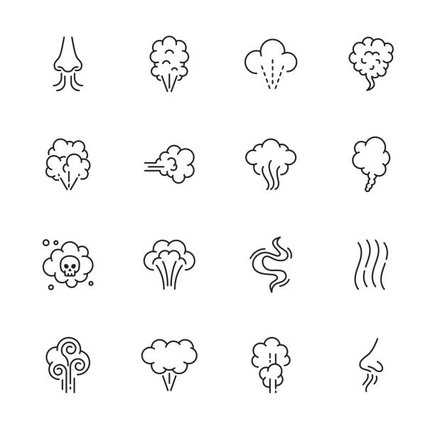 Smell icons, smoke steam, nose smelling odor scent Smell icons, smoke steam and nose smelling odor scent, vapour or vapor, vector line symbols. Bad smell or stinky odour and toxic fume cloud icons with skull, smelly stink gas or smoke steam unpleasant smell stock illustrations