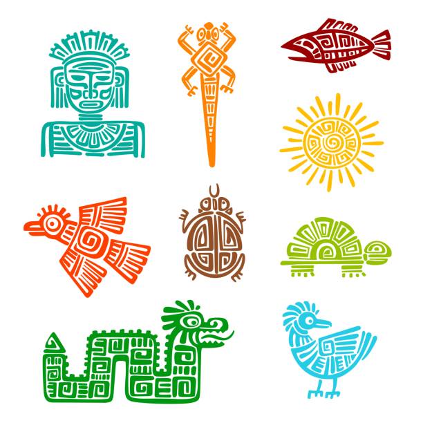 Mayan aztec totem animals with inca pattern Mayan aztec totem animals, vector animal symbols with tribal ethnic pattern of ancient native mexicans or inca. Lizard, sun, snake and eagle, god or idol, turtle, fish and crow indigenous totems inca stock illustrations