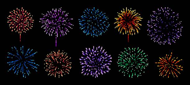eksplozja fajerwerków pixel art. 8-bitowy zasób gry - firework display pyrotechnics isolated horizontal stock illustrations