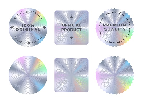 Hologram stickers or labels with holographic texture. Vector silver round, square and wavy product quality guarantee badge, original official seal. Realistic holograms for product packaging