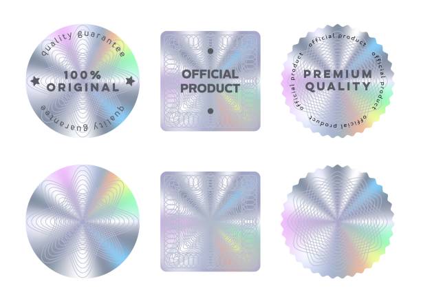 Hologram stickers or labels, holographic texture Hologram stickers or labels with holographic texture. Vector silver round, square and wavy product quality guarantee badge, original official seal. Realistic holograms for product packaging seal stamp stock illustrations