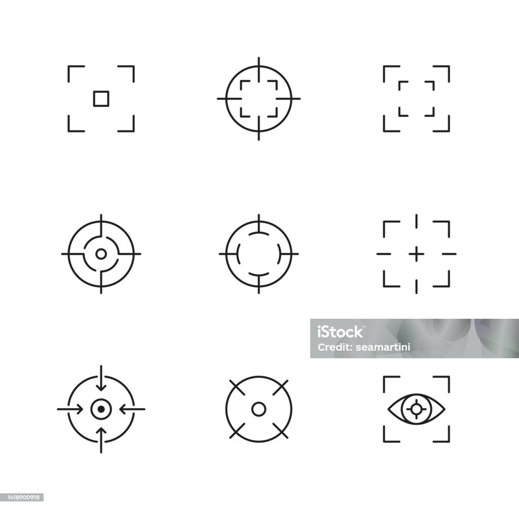 Fokussymbole, Fotokamera-Rahmensucher, Ziel - Lizenzfrei Bildschärfe Vektorgrafik Fokussymbole, Fotokamera-Rahmensucher, Ziel - Lizenzfrei Bildschärfe Vektorgrafik