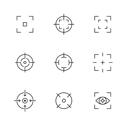 Focus icons, camera frame or photo viewfinder screen, target aim vector line symbols. Focus icons of photo or video camera lens with eye point, picture shutter focus with viewfinder frame grid