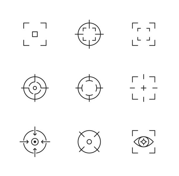 Focus icons, photo camera frame viewfinder, target Focus icons, camera frame or photo viewfinder screen, target aim vector line symbols. Focus icons of photo or video camera lens with eye point, picture shutter focus with viewfinder frame grid digital viewfinder stock illustrations