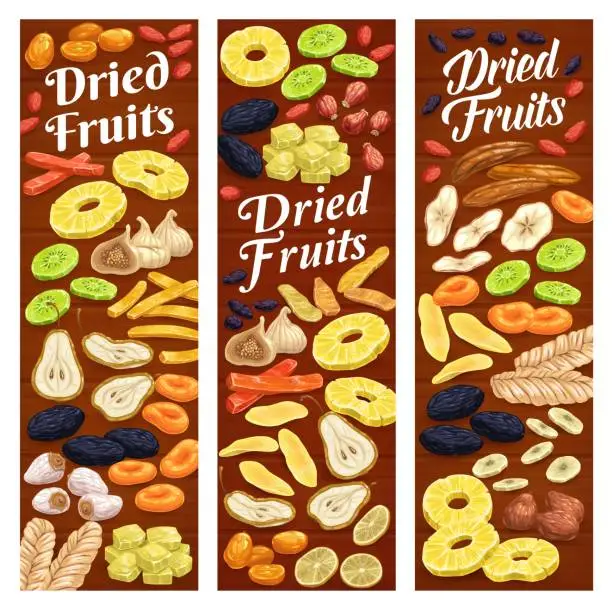 Vector illustration of Dried fruits, berries vertical banners, background