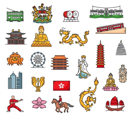 Hong Kong landmarks and travel color icons. Vector city and temple buildings, bauhinia, Buddha and junk boat, China flag, peak tram and pagoda tower, deity, gold dragon, coat of arms, ferry and drum