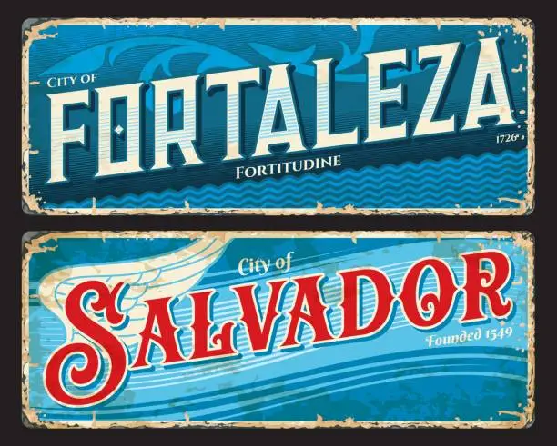 Vector illustration of Fortaleza, Salvador brazilian city travel stickers