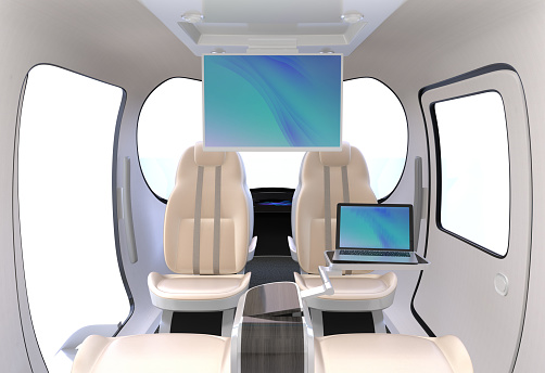 Interior of Electric VTOL passenger aircraft with reclining chair and autopilot function. 3D rendering image.