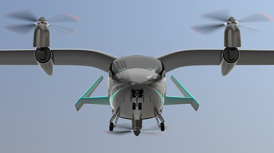 Front view of Electric VTOL passenger aircraft flying in the sky. Air mobility concept. 3D rendering image.
