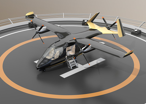 Electric VTOL passenger aircraft parking on the helipad. Urban Passenger Mobility concept. 3D rendering image.