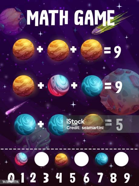 Space And Math Math Game Worksheet With Fantastic Space Planets Stock Illustration ...