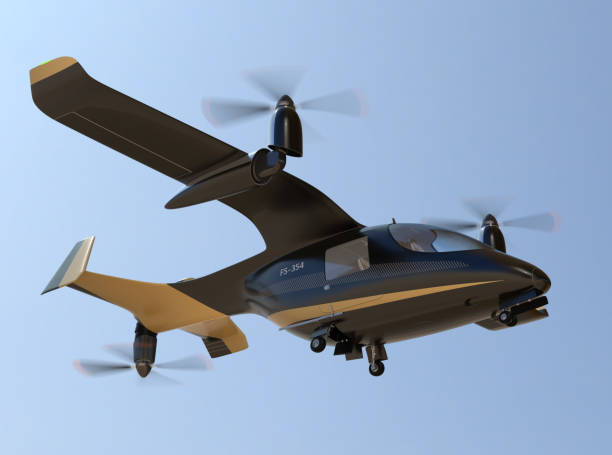 Electric VTOL passenger aircraft flying in the sky stock photo