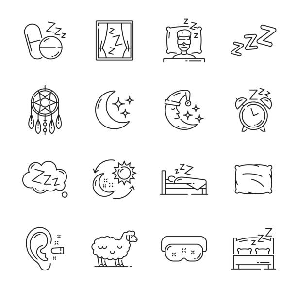 Sleep icons, night dreams, bedtime pillow and moon Sleep icons, night dreams and bedtime items, bed pillow, moon and bedroom vector symbols. Sleep snooze zzz linear icon with cartoon sheep, sleeping mask and ear plug, alarm clock and dream catcher bedtime stock illustrations
