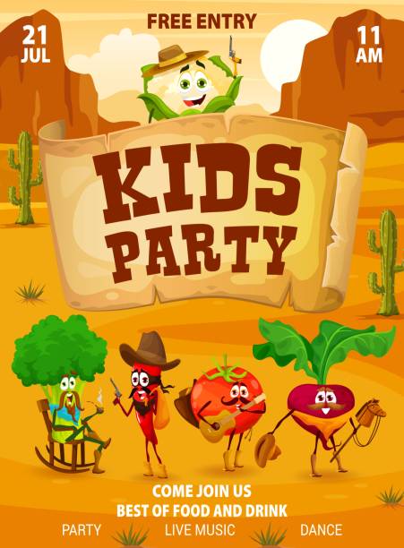 illustrazioni stock, clip art, cartoni animati e icone di tendenza di volantino per feste per bambini con cowboy di verdure dei cartoni animati - cowboy desire west poster
