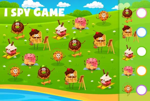 Vector illustration of I spy puzzle game with cartoon sweets characters