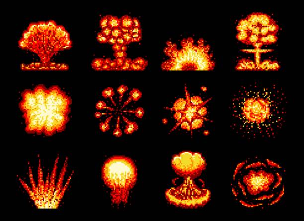8-битный пиксель игры взрыв, пожар, взрыв - bomb bombing war pattern stock illustrations