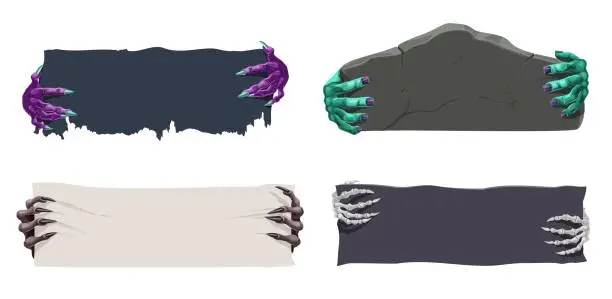 Vector illustration of Halloween banners, witch, skeleton, vampire hands