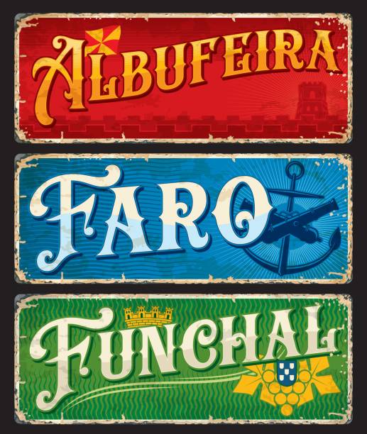 ilustrações de stock, clip art, desenhos animados e ícones de funchal, faro, albufeira, portuguese city plates - funchal
