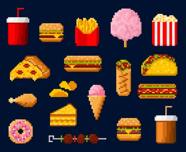 illustrazioni stock, clip art, cartoni animati e icone di tendenza di retro 8bit pixel fast food, bevande, icone di dessert - pixel art