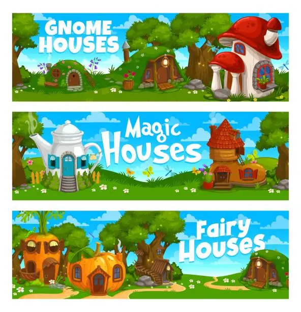 Vector illustration of Cartoon game landscape level, gnome dwarf houses