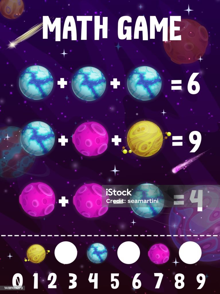 Istock Math Problems Math Game Puzzle Worksheet With Cartoon Planets Stock Illustration ...