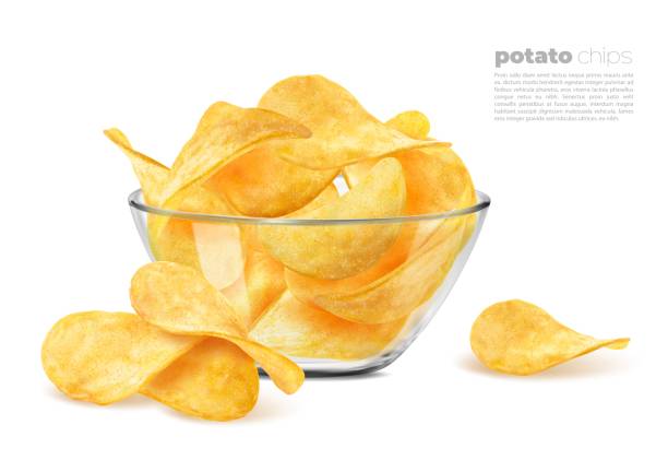 ilustraciones, imágenes clip art, dibujos animados e iconos de stock de papas fritas onduladas crujientes en fondo de tazón de vidrio - potatoe chips