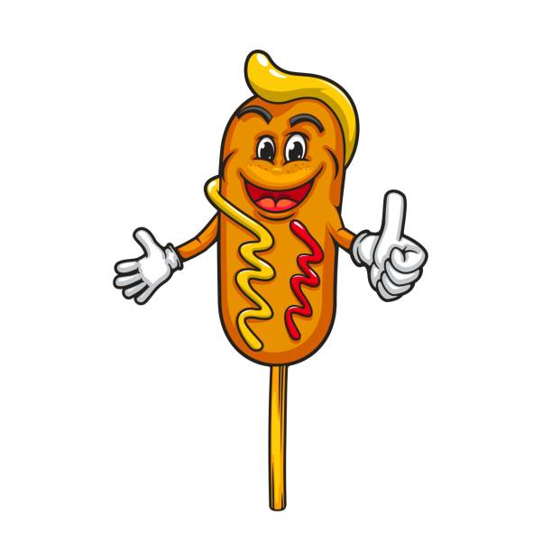 ilustraciones, imágenes clip art, dibujos animados e iconos de stock de personaje de perro de maíz de dibujos animados, perro de maíz en palo - corn dog