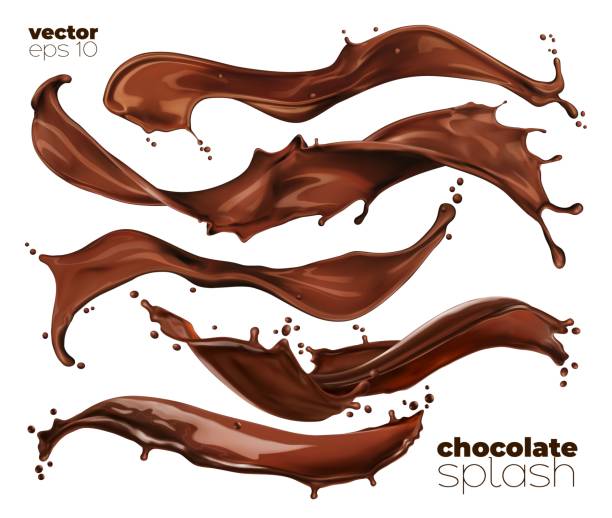 Chocolate and cocoa milk wave splash isolated set Chocolate and cocoa milk wave splashes, isolated dessert swirl drink or flow stream with splatters. Realistic vector brown coffee streams with drops, liquid splashing with droplets 3d wav splashes chocolate stock illustrations