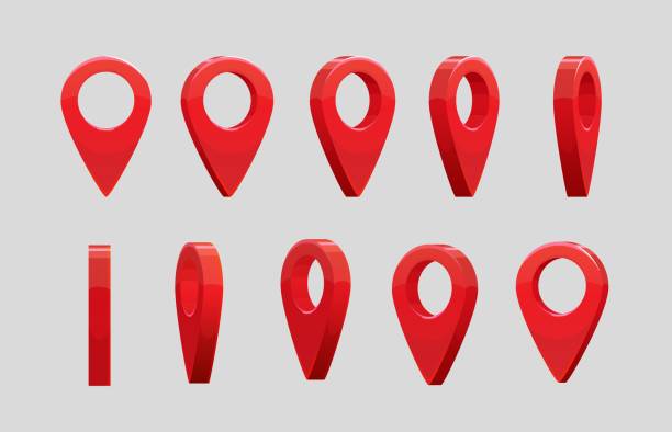 3d locator pin, animated game or travel map sprite 3d locator pin animated game or travel map sprite. Vector rotation of red point for animation, ui graphic object for application. Destination, navigation or direction sign, geolocation position symbol famous place stock illustrations